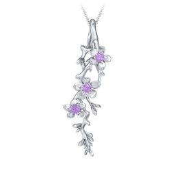 Cherry Blossoms in Bloom Branch Pendant in 925 Sterling Silver with Amethyst, Cubic Zirconia, and Blue Sapphire