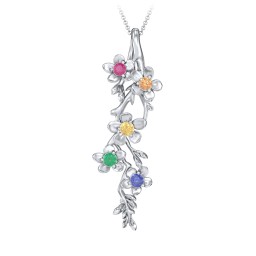 Cherry Blossoms in Bloom Branch Pendant in 925 Sterling Silver with Ruby, Orange Sapphire, Citrine, Emerald, and Blue Sapphire