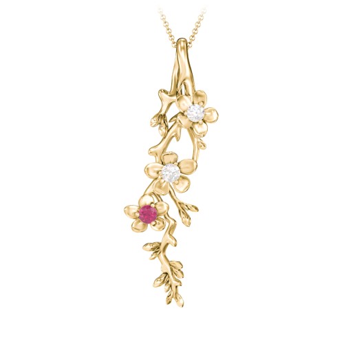 Cherry Blossoms in Bloom Branch Pendant – 10K Yellow Gold with Diamond and Ruby