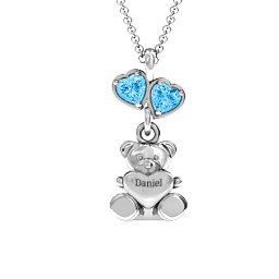 Teddy Bear with Stones Pendant in 925 Sterling Silver with Blue Topaz