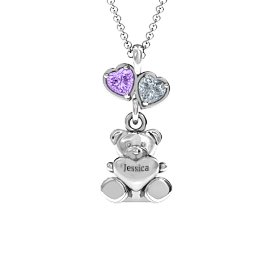 Teddy Bear with Stones Pendant in 925 Sterling Silver with Amethyst and Cubic Zirconia