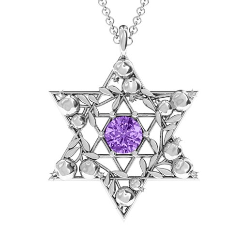 Pomegranate Branch Star of David Pendant – Sterling Silver with Amethyst