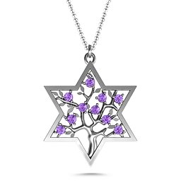 Tree of Life in Star of David Pendant in 925 Sterling Silver with Amethyst