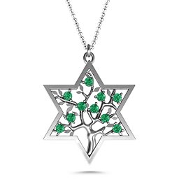 Tree of Life in Star of David Pendant in 925 Sterling Silver with Emerald