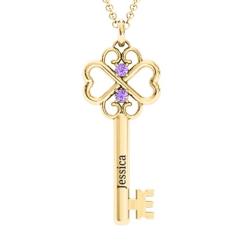 Hearts and Clover Infinity Key Pendant – 10K Yellow Gold with Amethyst