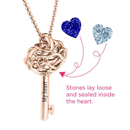 Infinitely in Love Caged Key Pendant – 10K Rose Gold with Blue Sapphire and Aquamarine