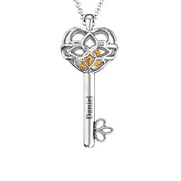 “Beautiful Blossoms” Caged Key Pendant in 925 Sterling Silver with Citrine, Emerald, and Cubic Zirconia