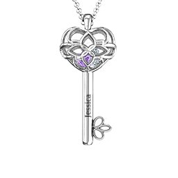 “Beautiful Blossoms” Caged Key Pendant in 925 Sterling Silver with Amethyst, Cubic Zirconia, and Emerald