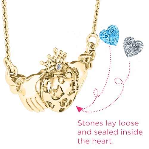 Caged Hearts Claddagh Pendant – 10K Yellow Gold with Cubic Zirconia and Blue Topaz