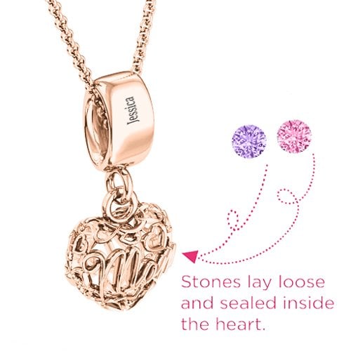 Engravable Mom Heart Cage Pendant with 2-4 Gemstones – 10K Rose Gold with Amethyst and Pink Tourmaline