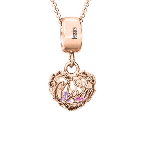 Engravable Mom Heart Cage Pendant with 2-4 Gemstones – 10K Rose Gold with Amethyst and Pink Tourmaline
