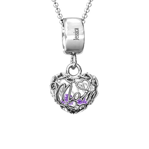 Engravable Mom Heart Cage Pendant with 2-4 Gemstones – Sterling Silver with Amethyst