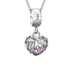 Engravable Mom Heart Cage Pendant with 2-4 Gemstones – 10K Rose Gold with Amethyst and Pink Tourmaline