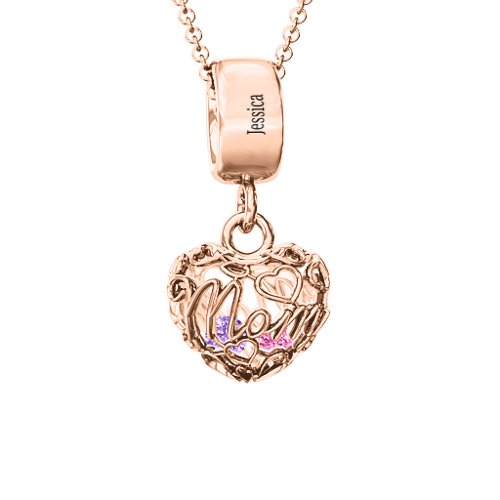Engravable Mom Heart Cage Pendant with 2-4 Gemstones – 10K Rose Gold with Amethyst and Pink Tourmaline