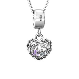 Engravable Mom Heart Cage Pendant with 2-4 Gemstones in 925 Sterling Silver with Amethyst, Cubic Zirconia, and Garnet