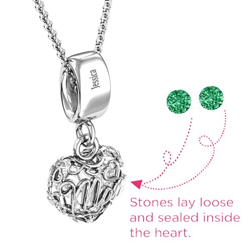 Engravable Mom Heart Cage Pendant with 2-4 Gemstones – Sterling Silver with Emerald