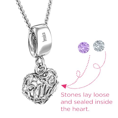 Engravable Mom Heart Cage Pendant with 2-4 Gemstones – Sterling Silver with Amethyst and Cubic Zirconia