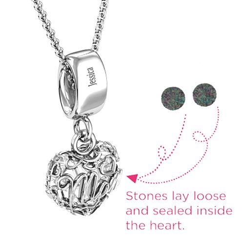Engravable Mom Heart Cage Pendant with 2-4 Gemstones – Sterling Silver with Alexandrite