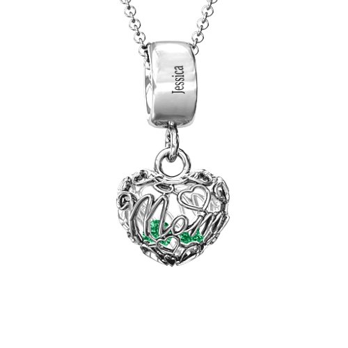 Engravable Mom Heart Cage Pendant with 2-4 Gemstones – Sterling Silver with Emerald
