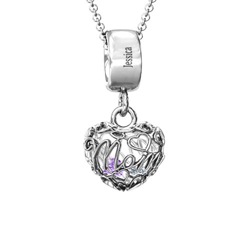 Engravable Mom Heart Cage Pendant with 2-4 Gemstones – Sterling Silver with Amethyst and Cubic Zirconia