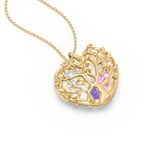 Family Tree Caged Heart Pendant – 10K Yellow Gold with Amethyst, Pink Tourmaline, Cubic Zirconia, and Aquamarine
