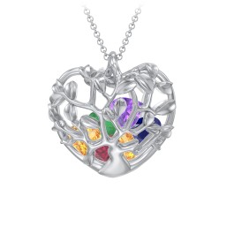 Family Tree Caged Heart Pendant in 925 Sterling Silver with Ruby, Citrine, Emerald, Blue Sapphire, and Amethyst
