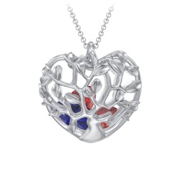 Family Tree Caged Heart Pendant in 925 Sterling Silver with Blue Sapphire, Garnet, and Cubic Zirconia