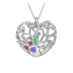 Family Tree Caged Heart Pendant in 925 Sterling Silver with Amethyst, Cubic Zirconia, Ruby, Emerald, and Blue Sapphire