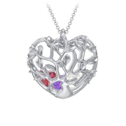 Family Tree Caged Heart Pendant in 925 Sterling Silver with Amethyst, Cubic Zirconia, and Ruby
