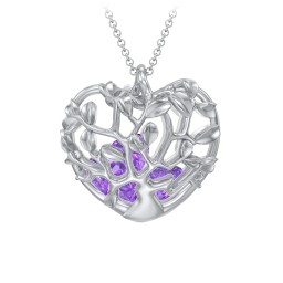Family Tree Caged Heart Pendant in 925 Sterling Silver with Amethyst, Cubic Zirconia, and Blue Sapphire