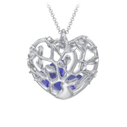 Family Tree Caged Heart Pendant in 925 Sterling Silver with Blue Sapphire and Cubic Zirconia