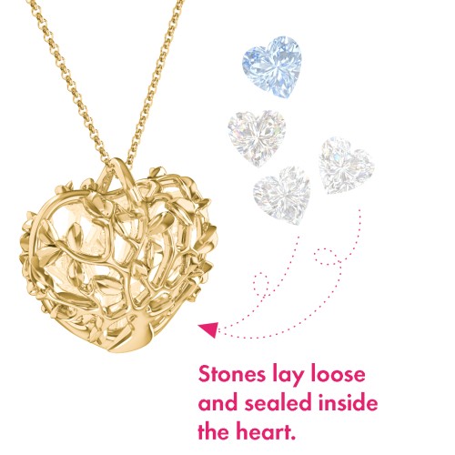 Family Tree Caged Heart Pendant – 10K Yellow Gold with Diamond, Cubic Zirconia, and Aquamarine