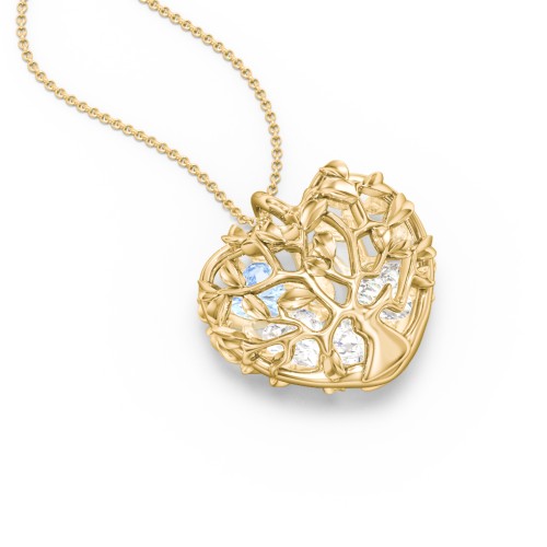 Family Tree Caged Heart Pendant – 10K Yellow Gold with Diamond, Cubic Zirconia, and Aquamarine