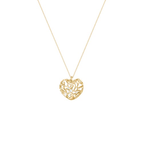 Family Tree Caged Heart Pendant – 10K Yellow Gold with Diamond, Cubic Zirconia, and Aquamarine