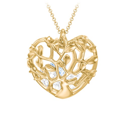 Family Tree Caged Heart Pendant – 10K Yellow Gold with Diamond, Cubic Zirconia, and Aquamarine