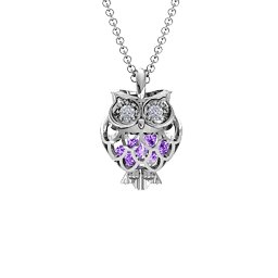 Wise Owl Caged Pendant in 925 Sterling Silver with Amethyst and Pink Tourmaline