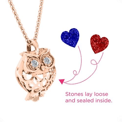 Wise Owl Caged Pendant – 10K Rose Gold with Garnet, Blue Sapphire, and Cubic Zirconia