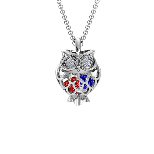 Wise Owl Caged Pendant – Sterling Silver with Garnet, Blue Sapphire, and Cubic Zirconia