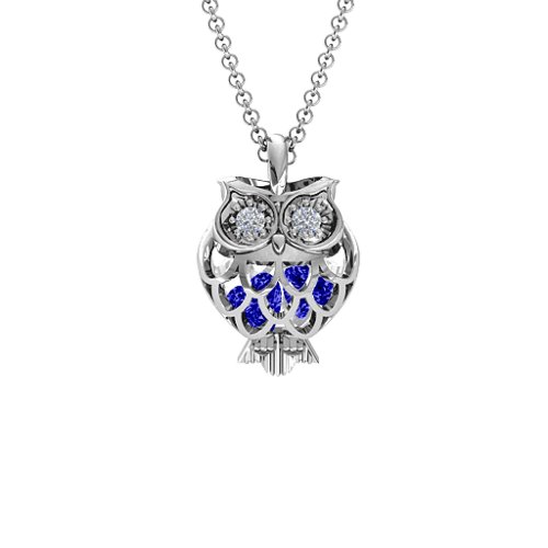 Wise Owl Caged Pendant – Sterling Silver with Blue Sapphire and Cubic Zirconia