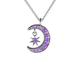 Sparkling Star And Moon Gemstone Pendant in 925 Sterling Silver with Amethyst and Amethyst Premium Zirconia