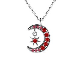 Sparkling Star And Moon Gemstone Pendant in 925 Sterling Silver with Garnet and Red Premium Zirconia