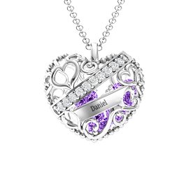Engravable Heart Cage Pendant With 1 - 6 Heart Gemstones in 925 Sterling Silver with Amethyst, Aquamarine, and Emerald