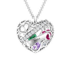 Engravable Heart Cage Pendant With 1 - 6 Heart Gemstones in 925 Sterling Silver with Amethyst, Cubic Zirconia, Ruby, Emerald, and Aquamarine