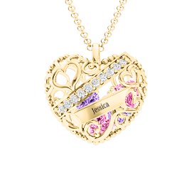 Engravable Heart Cage Pendant With 1 - 6 Heart Gemstones in 10K Solid Yellow Gold with Pink Tourmaline, Amethyst, Aquamarine, and Emerald