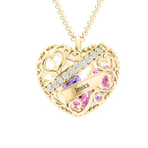 Engravable Heart Cage Pendant With 1 - 6 Heart Gemstones – 10K Yellow Gold with Pink Tourmaline, Amethyst, and Cubic Zirconia