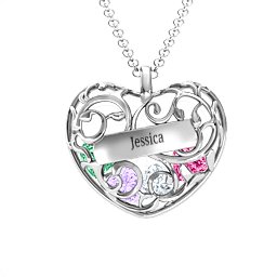 Fancy Filigree Engravable Cage Heart Pendant in 925 Sterling Silver with Amethyst, Cubic Zirconia, Ruby, Emerald, Citrine, and Blue Topaz