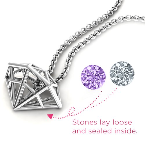 Flat Back Diamond Cage Pendant With 1 - 3 Gemstones – Sterling Silver with Amethyst and Cubic Zirconia