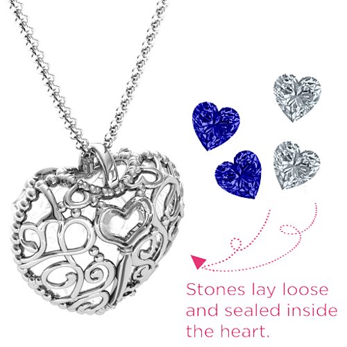 Filigree Lock & Key Heart Cage Pendant – Sterling Silver with Blue Sapphire and Cubic Zirconia