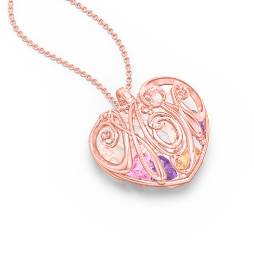 Graceful Mom Heart Cage Pendant With 2-8 Birthstones – 10K Rose Gold with Amethyst, Citrine, and Pink Tourmaline