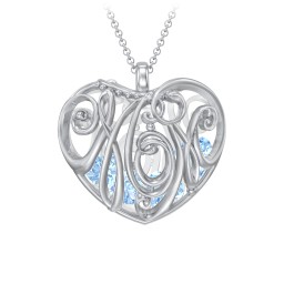 Graceful Mom Heart Cage Pendant With 2-8 Birthstones in 925 Sterling Silver with Blue Topaz, Emerald, Blue Sapphire, and Ruby